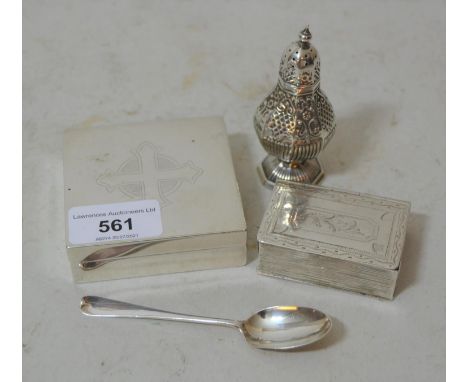 London silver square communion box engraved with a crucifix, silver pedestal pepper, Victorian silver spoon and a white metal