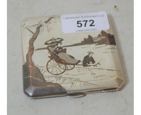 Japanese 950 silver square compact decorated with figures, 3ins square 