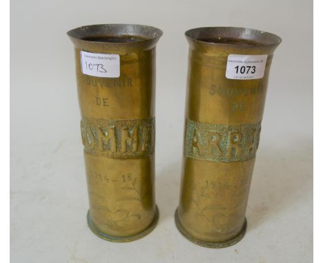 Pair of First World War trench art shell cases, inscribed Souvenir de Arras and Souvenir de Somme, 1914, 1918 