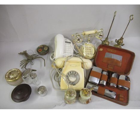 1970's / '80's cream Bakelite telephone and further telephones, gentleman's leather cased dressing set, onyx pepper and salt 