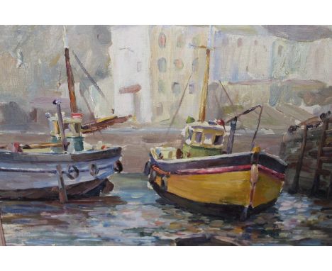 Two framed oils, Cornish fishing village with boats, 11.5ins x 14ins, and study of a seascape with distant boats, indistinctl