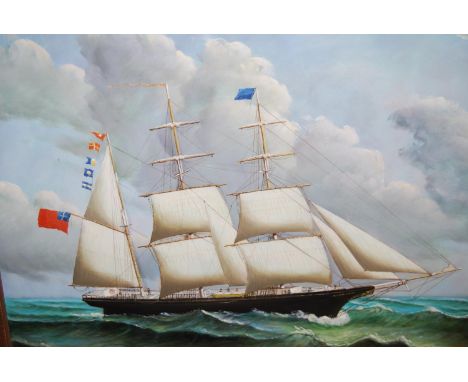Modern oil on canvas, portrait of a three masted sailing ship at sea, signed D. Tayler, 20ins x 24ins, gilt framed 