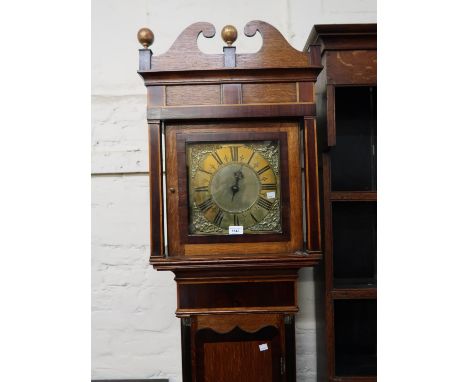 19th Century oak and mahogany banded longcase clock, the brass dial with Roman numerals and single hand with a single train t