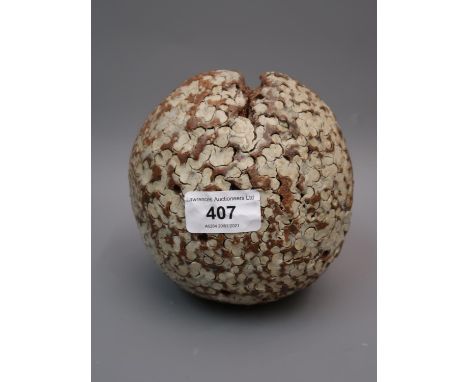 Alan Wallwork (1931 - 2019), stylised vase of seed pod design in mottled cream and brown, 5.5ins high, incised initials to th