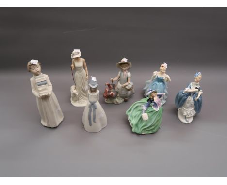 Lladro figure of a girl with turkeys, three various Royal Doulton figures, a Nao figure and two other figures 