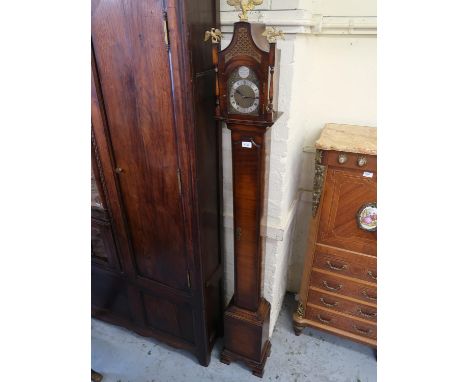 Unusual mid 20th Century walnut longcase clock of narrow proportions in 18th Century style, the two train movement striking o