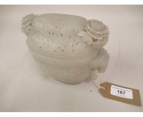 Chinese carved white jade incense burner of pierced oval floral design with elephant's head and ring side handles, 6.5ins x 5