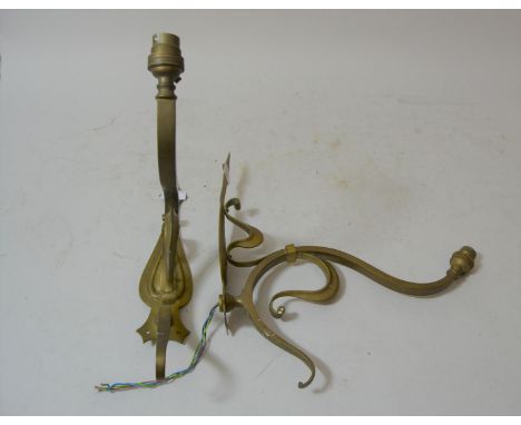 Pair of Art Nouveau brass single light wall sconces, 16ins high 