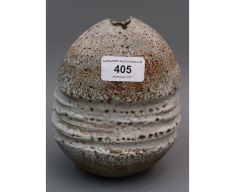 Alan Wallwork (1931 - 2019), an oviform vase of stylised design with central band, 6.75ins high, incised initials to the base