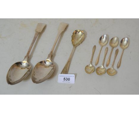 Pair of George III silver Fiddle pattern tablespoons, maker WB together with a Sheffield silver preserve spoon and a set of s