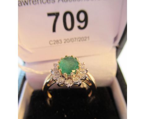 9ct Yellow gold oval emerald and diamond cluster ring 