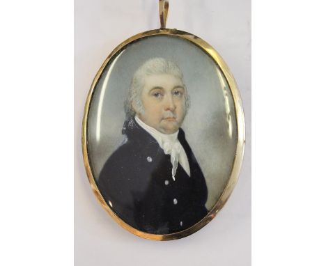 18th / 19th Century English school, watercolour portrait miniature of a gentleman wearing a blue coat, 82mm x 65mm approximat