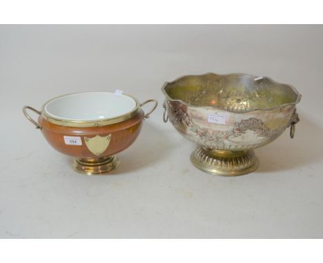 Turned wooden ceramic and silver plated fruit bowl, together with a silver plated punch bowl 