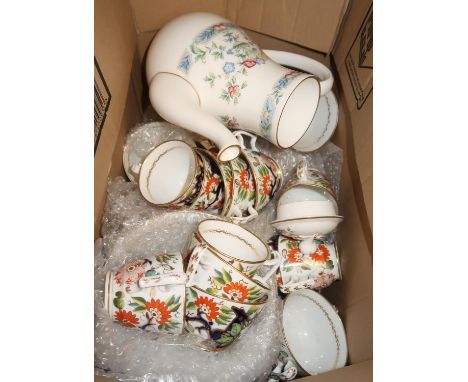 19th Century English porcelain tea and coffee service floral decorated in red, blue, green and gilt (some damages), together 