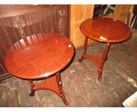 Pair of modern circular occasional tables, a small oak trunk and a pair of painted balance scales with weights 