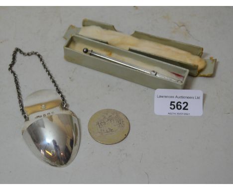 Birmingham silver spoon holder with a chain by Asprey, London, silver propelling swizzle stick and a Victorian silver coin 