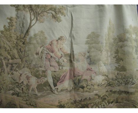 Machine tapestry hanging panel depicting figures in a landscape 
