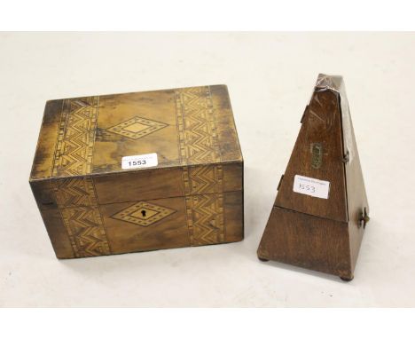Small parquetry inlaid walnut work box and a mahogany cased metronome 