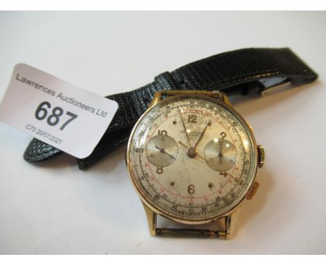 18ct gold cased Swiss chronograph wristwatch with later strap, 34mm diameter (not working) 