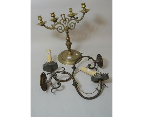 Pair of patinated brass single light wall sconces in Gothic style, each approximately 20ins long together with a brass four l