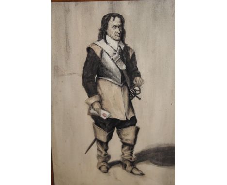 Antique maplewood framed watercolour, portrait of Oliver Cromwell, 10ins x 7ins 