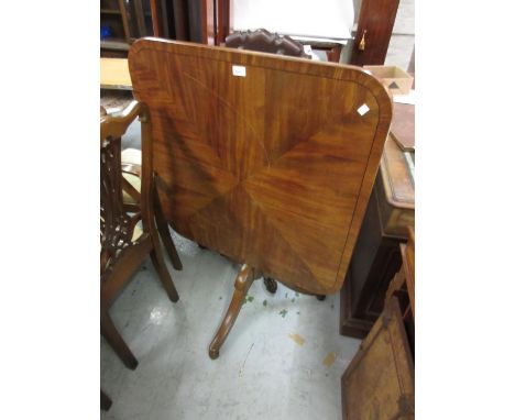 19th Century mahogany crossbanded and black line inlaid square pedestal table, the tilt top above a turned column support and