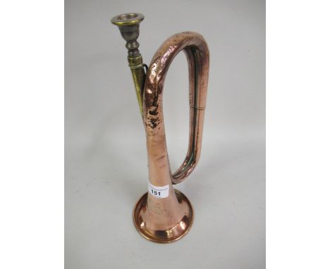 Copper bugle with brass mouthpiece engraved with a Royal crest and inscribed ' George Potter & Co. Aldershot ' 