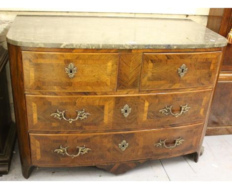 18th Century Continental rosewood commode, the grey flecked marble top above a bow front with two short and two long drawers 