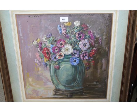 Attributed to Murray Adams Acton pastel drawing, autumn flowers in a green glazed Chinese vase, unsigned, framed, 18ins x 17i