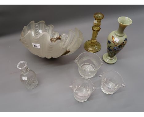 Art Deco glass scallop shell form light fitting, three various Monteith bowls, small decanter, amber glass candlestick and an