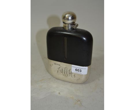 Large early 20th Century silver mounted glass hip flask by James Dixon & Sons (hinge pin at fault) 