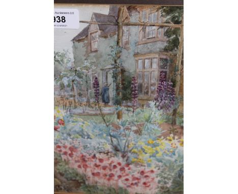 Early 20th Century gilt framed watercolour, figure by a country house with cottage garden, monogrammed M. E. dated 1928, 9.5i