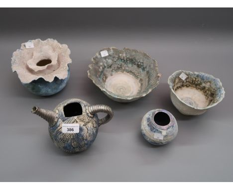Press moulded Studio pottery teapot with silvered handle and spout (cover lacking) together with four other items of Studio p