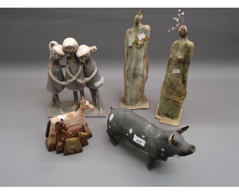 Modern Studio pottery figure of a pig (at fault), similar group of three children signed C. Samson, pair of Studio pottery fi