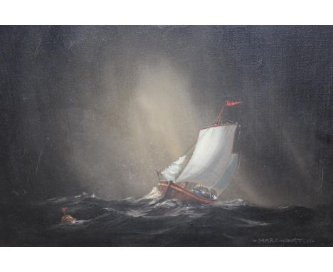 Oil on canvas, sailboat in rough seas by a buoy, signed Marchington, gilt framed, 11.5ins x 15.5ins, together with an early 2