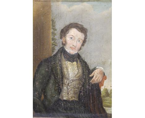 19th Century miniature oil painting on panel, half length portrait of a gentleman, 6ins x 4.5ins 
