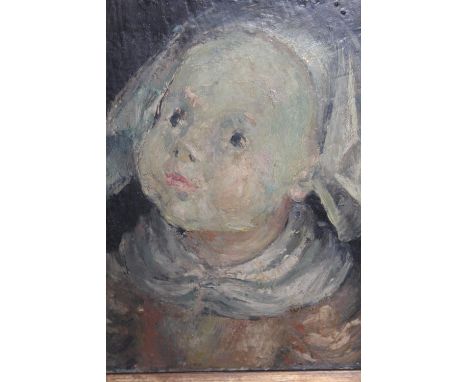 Oil on board, portrait of an Elizabethan child with white head scarf, 9ins x 9ins 