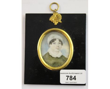 Group of three 19th Century watercolour portrait miniatures of a man, wife and child, unsigned, each approximately 2.25ins x 