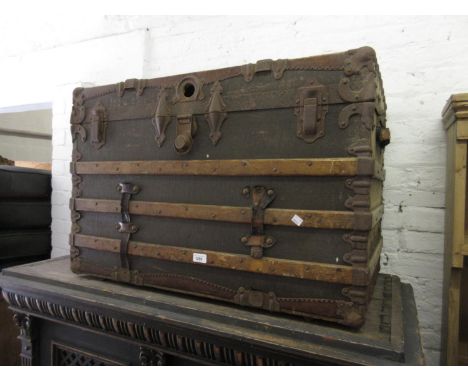 Wooden slatted linen and metal mounted trunk inscribed to the side ' E.D. Montreal ' (for restoration), 35ins wide x 22ins de