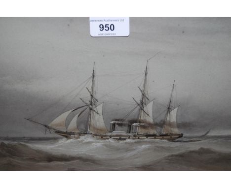 Attributed to Sir Oswald Walter Brierly, monochrome watercolour, portrait of a steam sailing vessel, 7.25ins x 12ins approxim