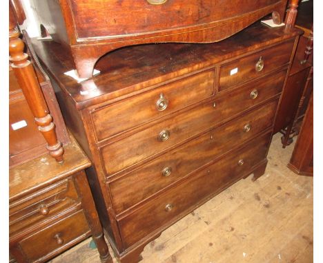 George III mahogany straight front chest of two short and three long drawers with circular brass ring handles and bracket fee