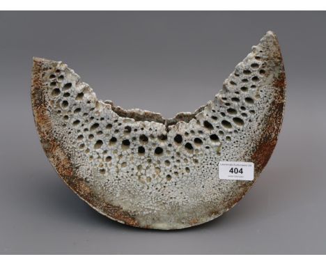 Alan Wallwork (1931 - 2019), crescent form seed pod vase, 9ins x 10ins approximately (damages), incised mark to baseBoth high