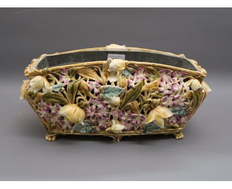 Zsolnay Pecs jardiniere of rectangular reticulated floral design decorated with Spring flowers, 16ins wide overall (slight ch