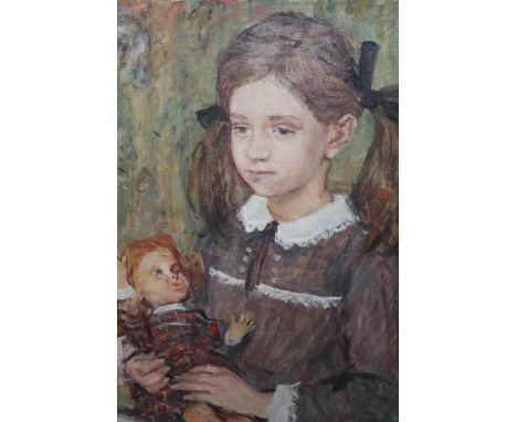 Rupert Shephard, oil on canvas, portrait of a girl holding a doll (Sabine Durrant), signed and dated 1970, 23.5ins x 17.5ins,