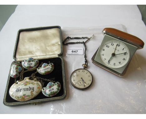 1930's Gun metal cased open face pocket watch with a Swiss keyless movement and steel Albert, together with a travel alarm cl
