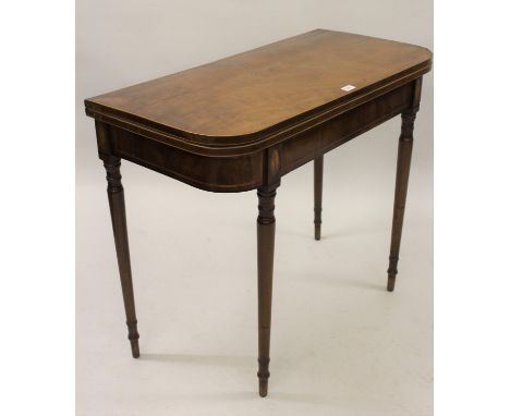 George III mahogany D-shaped fold-over card table (damages), 36ins wide 