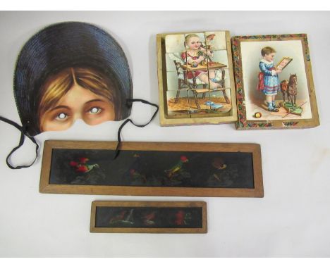 Two early mahogany framed glass magic lantern slides, a boxed set of children's vintage building bricks and sundries 