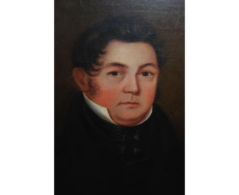 19th Century English School oil, portrait of a gentleman with white collar and black tunic, 20ins x 16ins 
