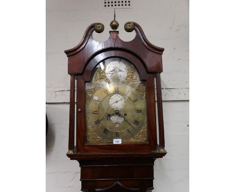 Late 18th Century mahogany longcase clock with a broken arch hood above an arched panel door, with flanking quarter pilasters