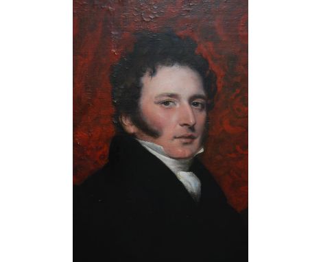19th century oil on canvas laid on mahogany panel, half length portrait of a gentleman, housed in period gilt frame, 27ins x 